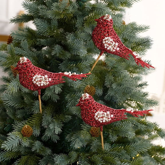 Japceit Christmas Bird Clip Branch, Openwork Powder Dusted Sparrow Ornament, Clip On Tree Decoration with Birds, Hanging Branch Decor for Christmas Tree