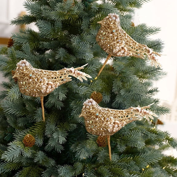 Japceit Christmas Bird Clip Branch, Openwork Powder Dusted Sparrow Ornament, Clip On Tree Decoration with Birds, Hanging Branch Decor for Christmas Tree