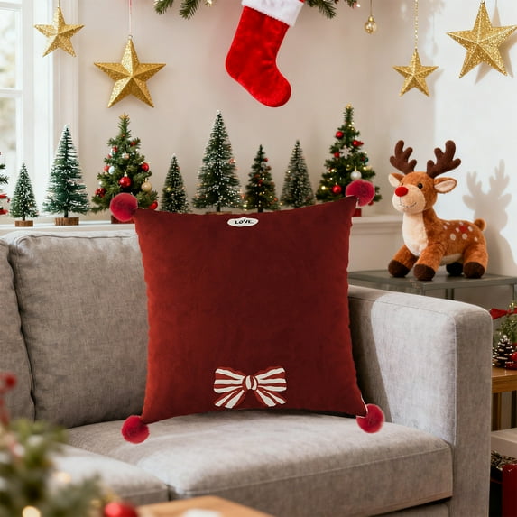 Japceit Christmas Bow Throw Pillow, Red Holiday Decorative Cushion with Bow Design, Soft Pillow for Sofa, Chair and Seasonal Home Decor