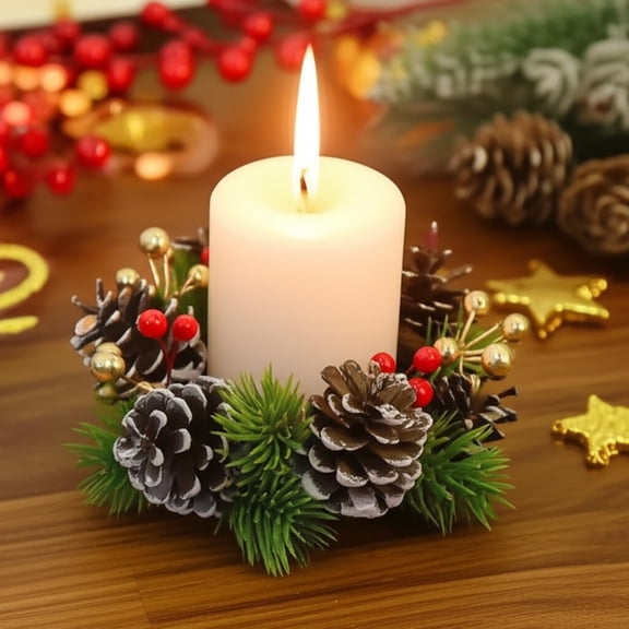 Japceit Christmas Candlestick Wreath White And Red Pines Cones Pines Branches Green Plant Decoration Suitable For Candle Centerpiece