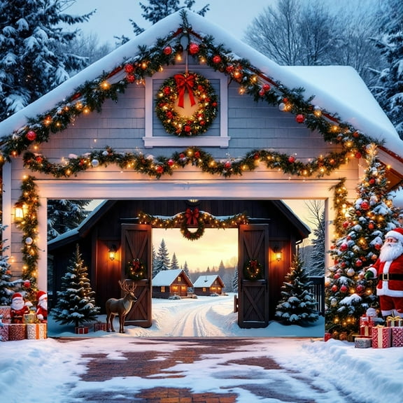 Japceit Christmas Garage Background, Festive Photography Backdrop Cloth with Holiday Patterns, Party Decor Prop for Wall, Door Display