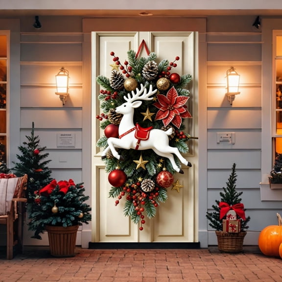 Japceit Christmas Reindeer Door Cover, Festive Holiday Themed Hanging Cloth for Indoor Decor, Large Seasonal Display for Home Entryway, Wall, Living Room