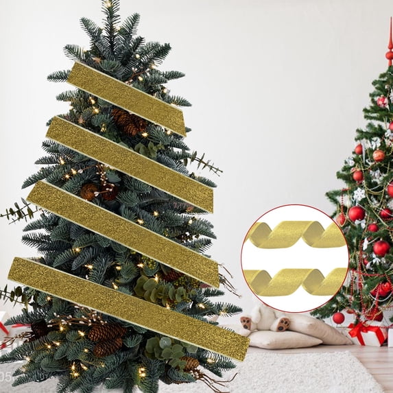 Japceit Christmas Tree Ribbon Decoration, 2-Meter Gold Tinsel Garland Strand, Shimmer Holiday Ribbon for Xmas Tree, Gift Wrapping, Festive Arrangement