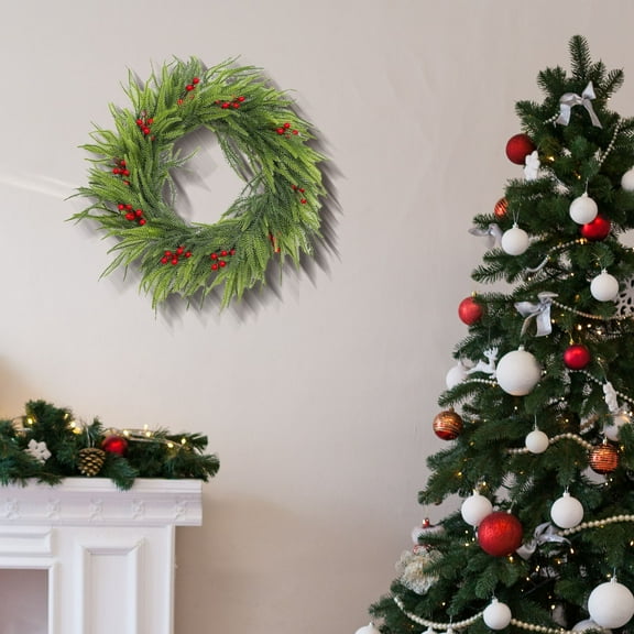 Japceit Christmas Wreath, Artificial Red Berry and Pine Rattan Circle Decor, Holiday Door Hanging for Home, Hotel, Mall Scene Displays