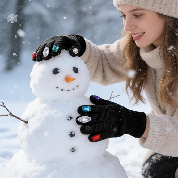 Japceit Crystal Embellished Winter Knit Gloves, Creative Crochet Full Finger Warm Mittens, Fashionable Handwear with Decorative Accents for Cold Weather