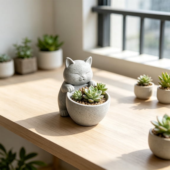 Japceit Cute Cat Hugging Bowl Planter With Drainage Hole,Compact Cute Cat Flower Pot,Desktop Decorative Planters,For Living Room Bedroom Office