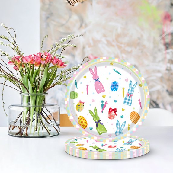 Japceit Easter Dinnerware Set, Colorful Bunny Themed Disposable Plates & Tableware for Holiday Party & Decoration