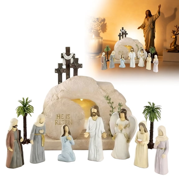 Japceit Easter Empty Tomb Scene Figurine Set,Resurrection Scene Set With Empty Tomb & Cross Shaped Resin Angel Table Decor,For Home Office