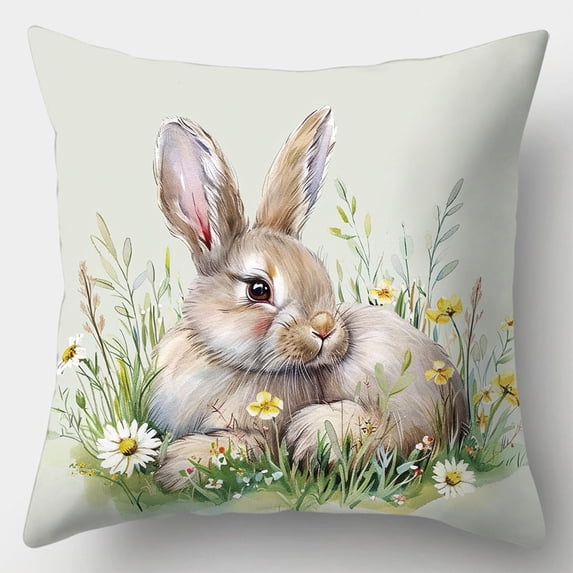 Japceit Easter Linen Pillow, Flower & Bunny Printed Cover for Living Room Sofa & Home Decoration