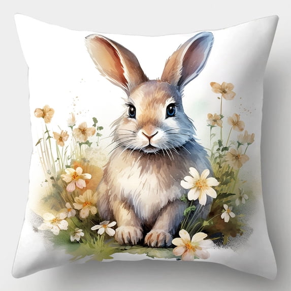Japceit Easter Linen Pillow, Flower & Bunny Printed Cover for Living Room Sofa & Home Decoration