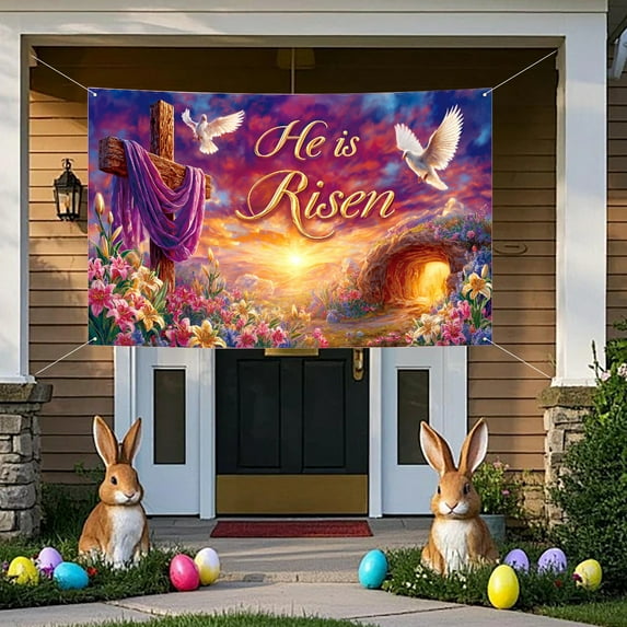 Japceit Easter Party Photo Backdrop, Easter Bunny Egg Design Vinyl Fabric Background, Large Reversible Holiday Decoration for Photo Booth, Home Decor, Indoor Outdoor Spring Celebration