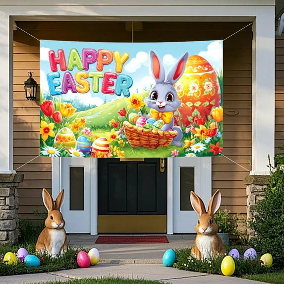 Japceit Easter Party Photo Backdrop, Easter Bunny Egg Design Vinyl Fabric Background, Large Reversible Holiday Decoration for Photo Booth, Home Decor, Indoor Outdoor Spring Celebration