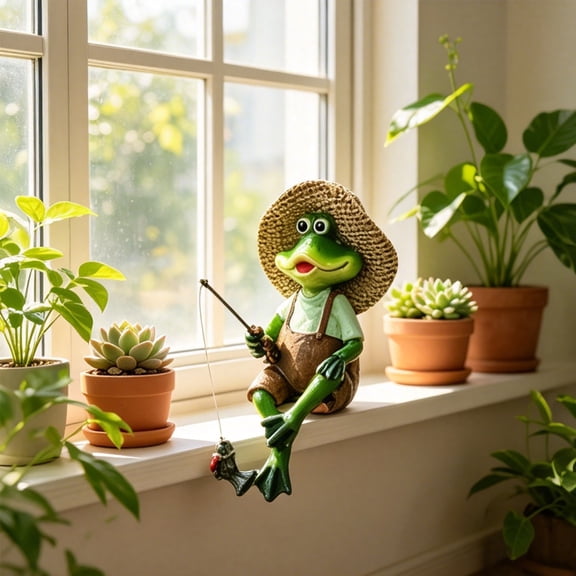 Japceit Fishing Frog Figurine, Cottage Style Resin Ornament, Cute Hand Painted Garden Statue, Desktop Fish Tank Landscaping Decor