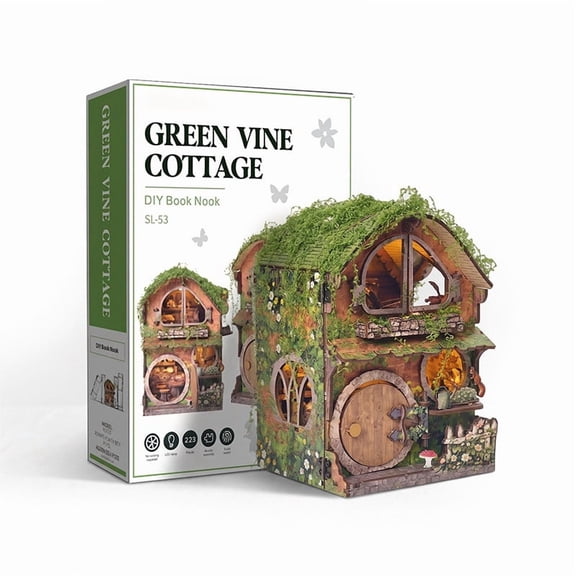 Japceit Forest Cottage Bookend Puzzle, Wooden Diy Miniature House Kit With Led Lights, 3D Assembly Bookshelf Decor For Adults Teens