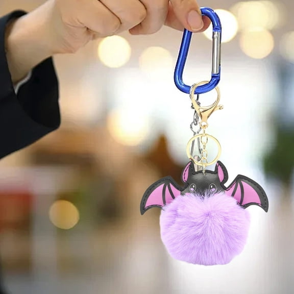 Japceit Fuzzy Bat Keychain, Halloween-themed Car Accessory with Soft Pom Detail, Cute Decorative Keyring for Handbags and Backpacks