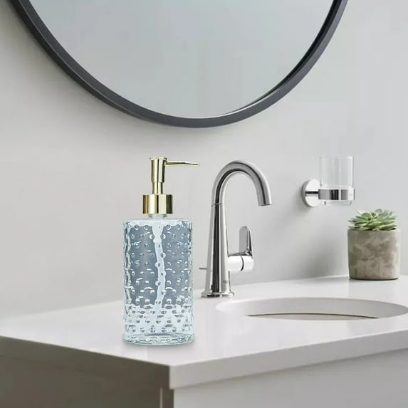 Japceit Glass Dispenser Bottle, Thickened Press Pump Container for Bathroom, Decorative Liquid Soap Holder with Pattern Design, Refillable Bottle for Shampoo and Lotion