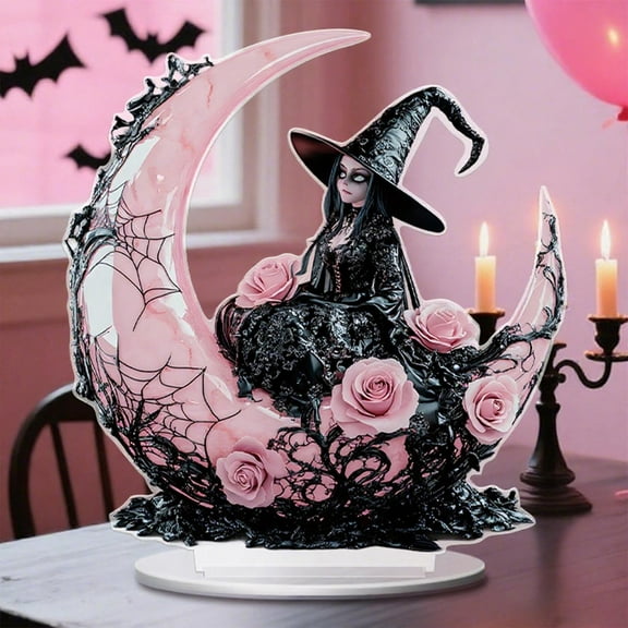 Japceit Halloween Black Witch 2D Acrylic Decor, Gothic Tabletop Centerpiece for Living Room and Party, Spooky Home Decoration for Horror Enthusiasts, Unique Gift for Themed Events