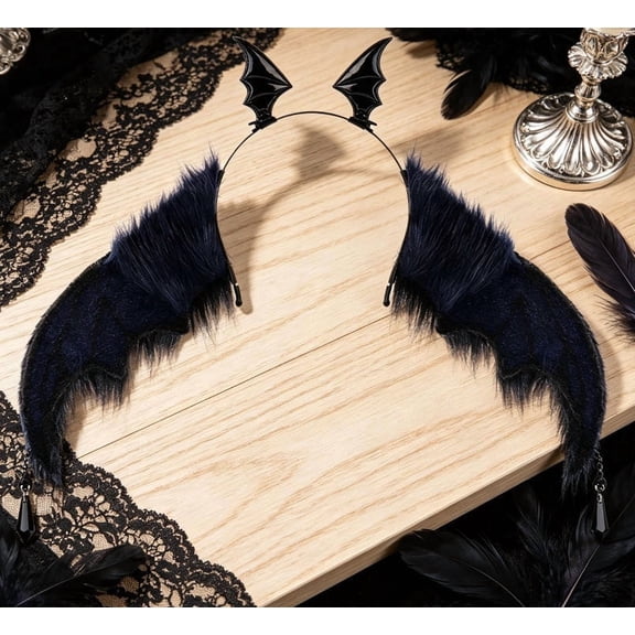 Japceit Halloween Devil Wing Headband,Little Devil Horns Headpiece,Gothic Hair Hoop Headdress,For Halloween Dress-Up Party