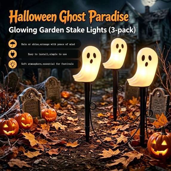 Japceit Halloween Ghost Stake Lights, 3 Pc Led Illuminated Pathway Markers, Spooky Outdoor Solar Garden Decor, Waterproof For Yard Lawn Party