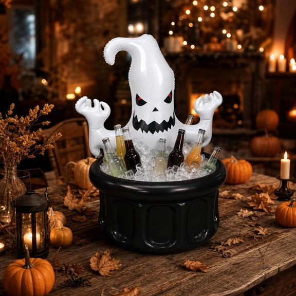 Japceit Halloween Inflatable Ice Bucket, Skull Shape Beverage Cooler, PVC Drink Container for Party, Spooky Tabletop Decoration