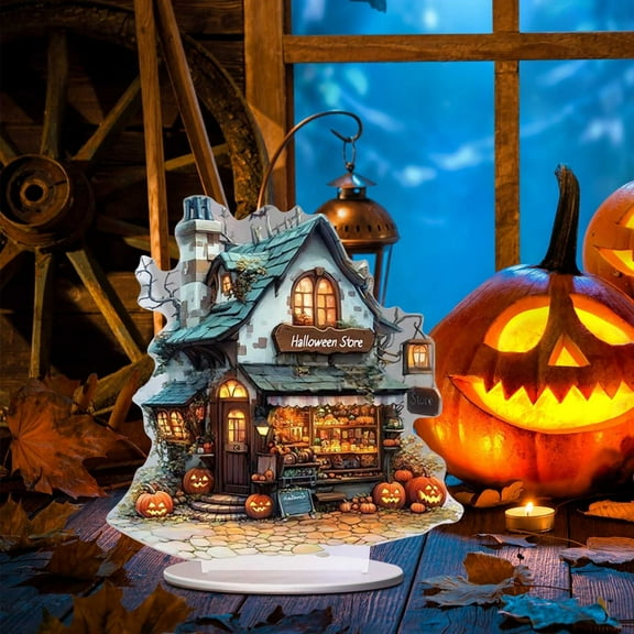 Japceit Halloween Pumpkin Ghost House Decor, 2D Acrylic Desktop Ornament with Spooky Design, Fun Gift Idea for Halloween Enthusiasts and Party Decoration