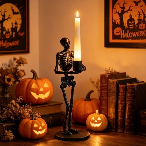 Japceit Halloween Skull Candle Holder,Resin Skeleton Head Taper Stand,Gothic Tabletop Decor,For Drip Candles And Spooky Party