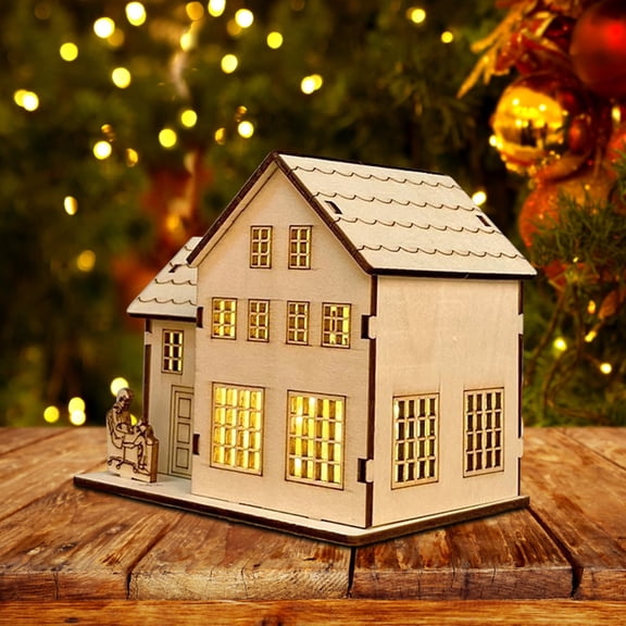 Japceit Handmade Wooden Christmas Village Set, Light Up House Craft Decorations, Illuminated Holiday Display for Tabletop, Mantel, DIY Winter Scene Creation
