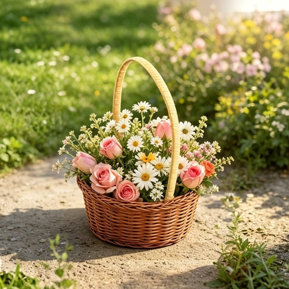 Japceit Handwoven Rattan Storage Basket With Handles,Wicker Rattan Flower Basket,Wedding Flower Girl Baskets,For Home Garden Decor