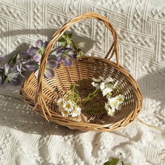 Japceit Handwoven Wicker Gathering Basket, Portable Flower Vegetable Storage, Picnic Decorative Organizer With Handle, Rustic Farmhouse