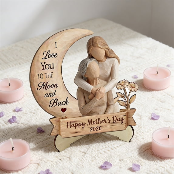 Japceit I Love You To The Moon And Back Wooden Figurine With "Happy Mothers Day" Banner Tabletop Decor, Gift For Mother'S Day & Birthday
