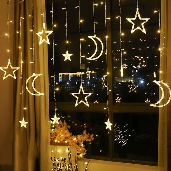 Japceit LED Star and Moon Curtain Lights, Remote Control USB Fairy String Lights, Decorative Lighting for Ramadan, Party, Bedroom, Window, Wall, Festival Atmosphere Decor
