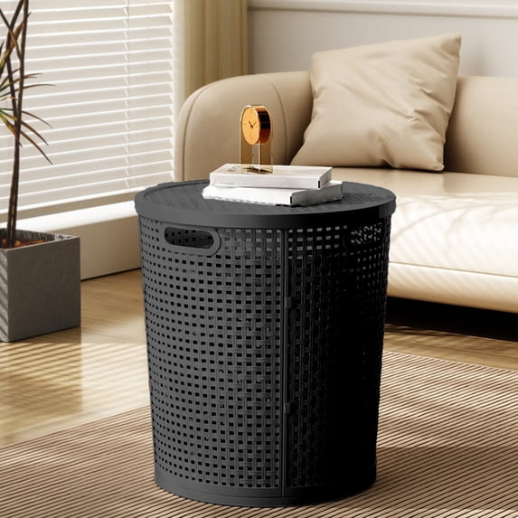 Japceit Large Woven Laundry Basket, Breathable Storage Hamper with Lid, Multipurpose Organizer for Clothes, Toys, Blankets, Round Shaped Durable Plastic Container for Home Use