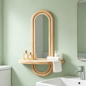 Japceit Layered Natural Wood Framed Wall Mirror,Boho Arched Wall Shelf,Rustic Threaded Wooden Organizer Mirror,For Bedroom Bathroom