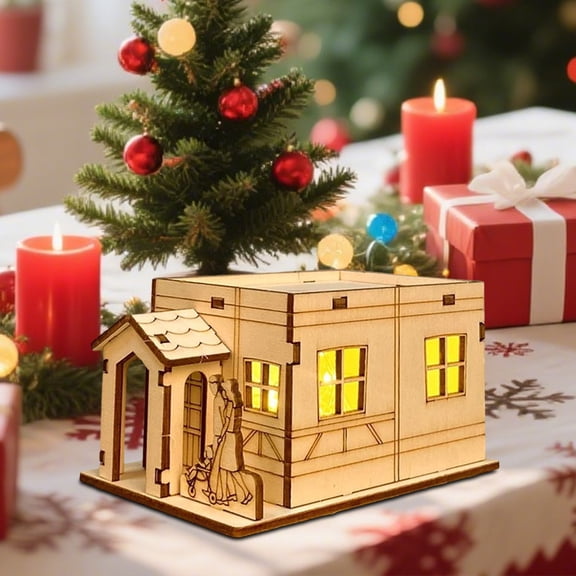 Japceit Light Up Wooden Christmas Village Houses, Handmade Craft Holiday Decor Set, Illuminated Winter Village Display for Tabletop, Home, DIY Craft Projects