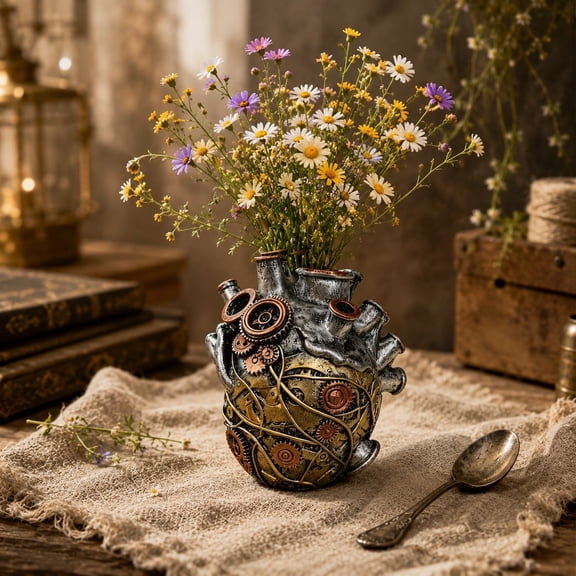 Japceit Mechanical Heart Shaped Vase, Irregular Steampunk Resin Centerpiece, Desk Shelf Rustic Industrial Decor, Wasteland Style Ornament, Gothic Metal Flower Vase