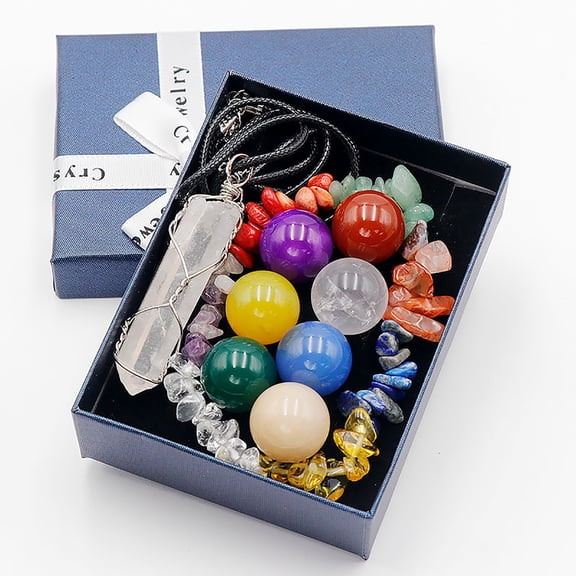Japceit Natural Crystal Combination Set, Chakra Stone Collection in Gift Box, Hexagon Crystal Pendant with Colorful Stones for Display and Spiritual Practice