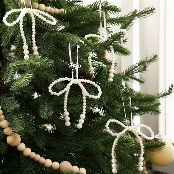 Japceit Pearl Bow Christmas Decor, 5-Piece Elegant Bow Ornaments Set, Decorative Pearl Bows for Wreath, Cabinet and Gift Box Decoration