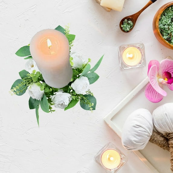 Japceit Peony Candlestick Floral Arrangement, Artificial Flower Wreath Centerpiece Decor, European Tabletop Display Accent for Home Styling, Dining Table Embellishment