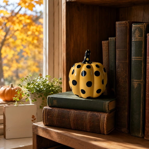 Japceit Polka Dot Ceramic Pumpkin Decor, Yellow Black Glossy Tabletop Ornament, Modern Fall Halloween Tiered Tray, Mantel Home Accent, Spooky Decoration