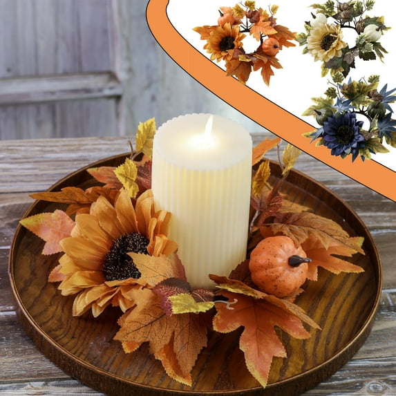 Japceit Pumpkin Sunflower Candle Holder, Rustic Wreath Circle Centerpiece for Thanksgiving, Farmhouse Table Decor with Aromatic Wax, Seasonal Decorative Accent for Dining, Mantel, Entryway