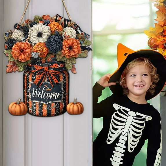 Japceit Pumpkin Welcome Sign, Wooden Hanging Decoration for Halloween Festival, Rustic Porch, Door, Wall Decor for Seasonal, Themed Party Setup