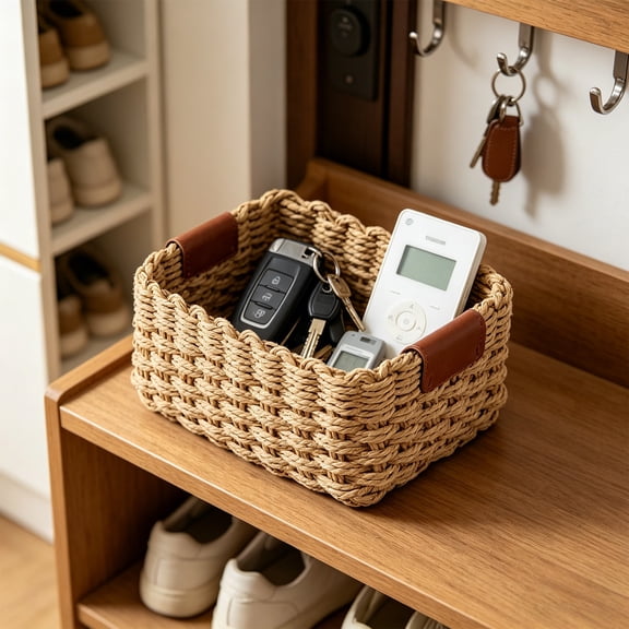 Japceit Recycled Paper Rope Bathroom Basket Organizer,Small Wicker Baskets For Organizing,Cute Woven Storage Basket,For Shelves Bathroom Cupboards