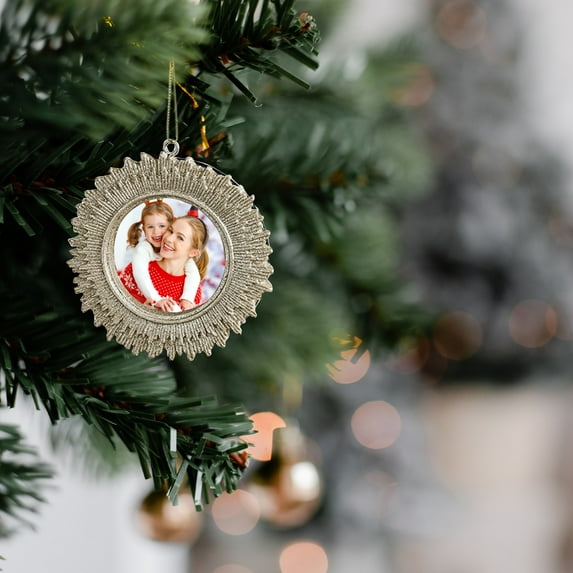 Japceit Resin Christmas Ornament Set, Snow Cedar Photo Frame Decor, DIY Champagne Gold Tree Pendants for Holiday Display and Festive Crafting