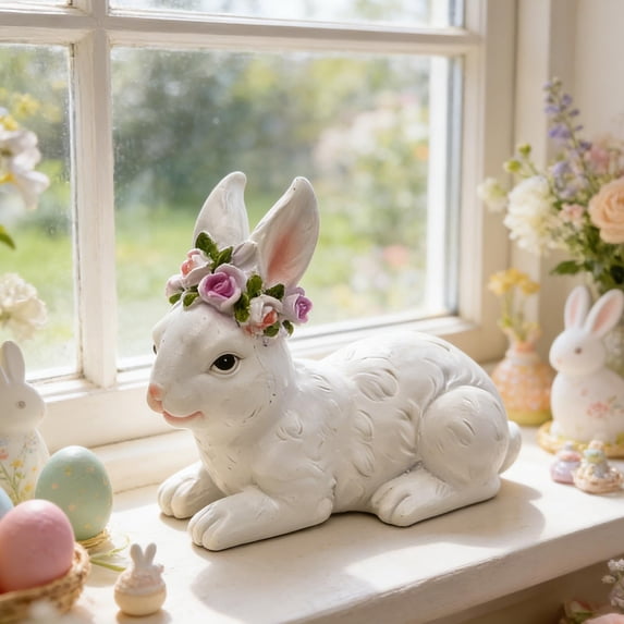 Japceit Resin Easter Bunny Figurine Decor, Cute Rabbit Statue for Home Tabletop, Spring Holiday Ornament for Living Room, Bedroom, Shelf, Mantel, Farmhouse Style White Finish