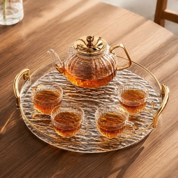 Japceit Round Plastic Serving Tray with Handles, Gold Trim Clear, Snack Food Storage Plate for Kitchen Party