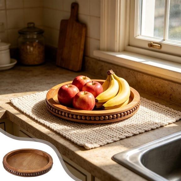 Japceit Round Wooden Bead Tray, Decorative Serving Platter, Farmhouse Fruit Display Stand, For Kitchen Countertop Coffee Table, Home Organizer
