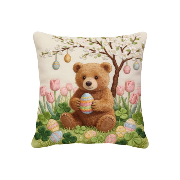 Japceit Short Lint Pillow Cover 18 x 18 Inches, Cute Embroidery Decorative Throw Pillowcase for Sofa and Bedroom, Easter "Good Things" Design, Single Side Print, No Insert
