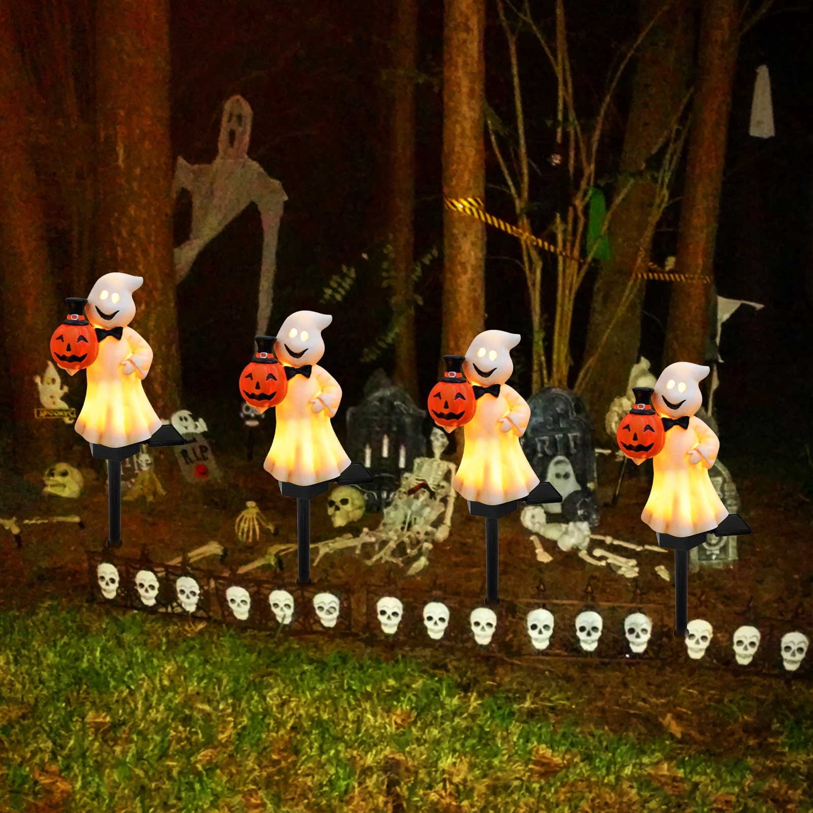 Japceit Solar Halloween Lantern, Resin Pumpkin Ghost LED Ground Stake ...