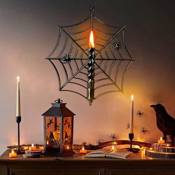 Japceit Spiderweb Candle Holder Ornament, Metal Halloween Tealight Stand, Creepy Cobweb Design for Tabletop and Floating Shelf Spooky Decor