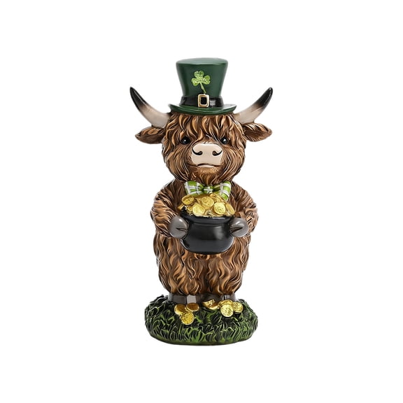 Japceit St Patrick's Day Cow Figurine, Resin Highland Cow Statue with Golden Shamrocks Pot, Irish Themed Decor for Holiday, Table, Shelf, Mantel, and Spring Festival
